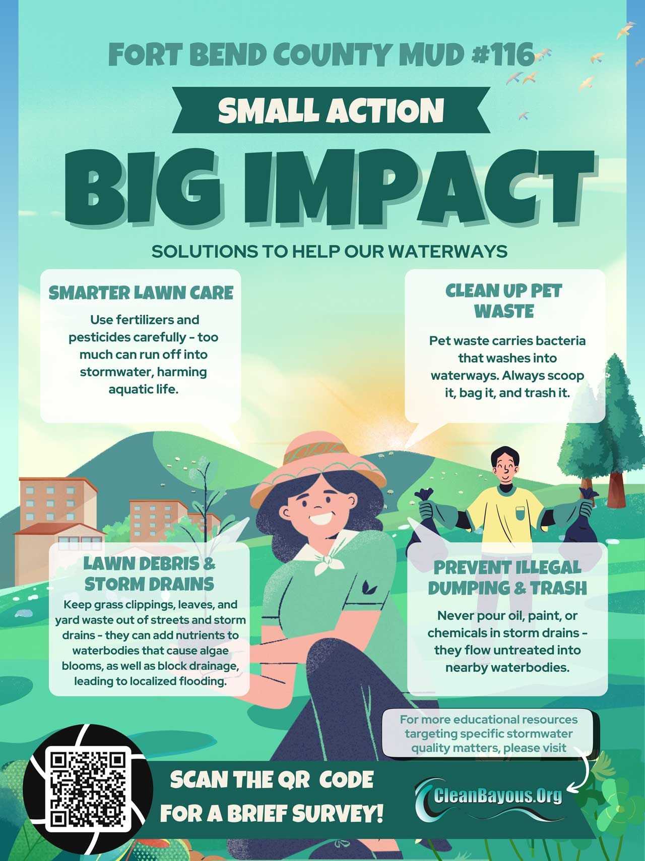 Poster promoting waterway protection: “Small Action, Big Impact.” Tips include careful lawn care, picking up pet waste, keeping debris out of drains, and preventing dumping, plus a QR code for a survey.